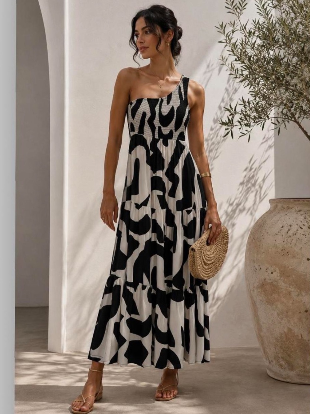 Anthropology Abel the Label Asymmetrical One-Shoulder Black & White Maxi Dress